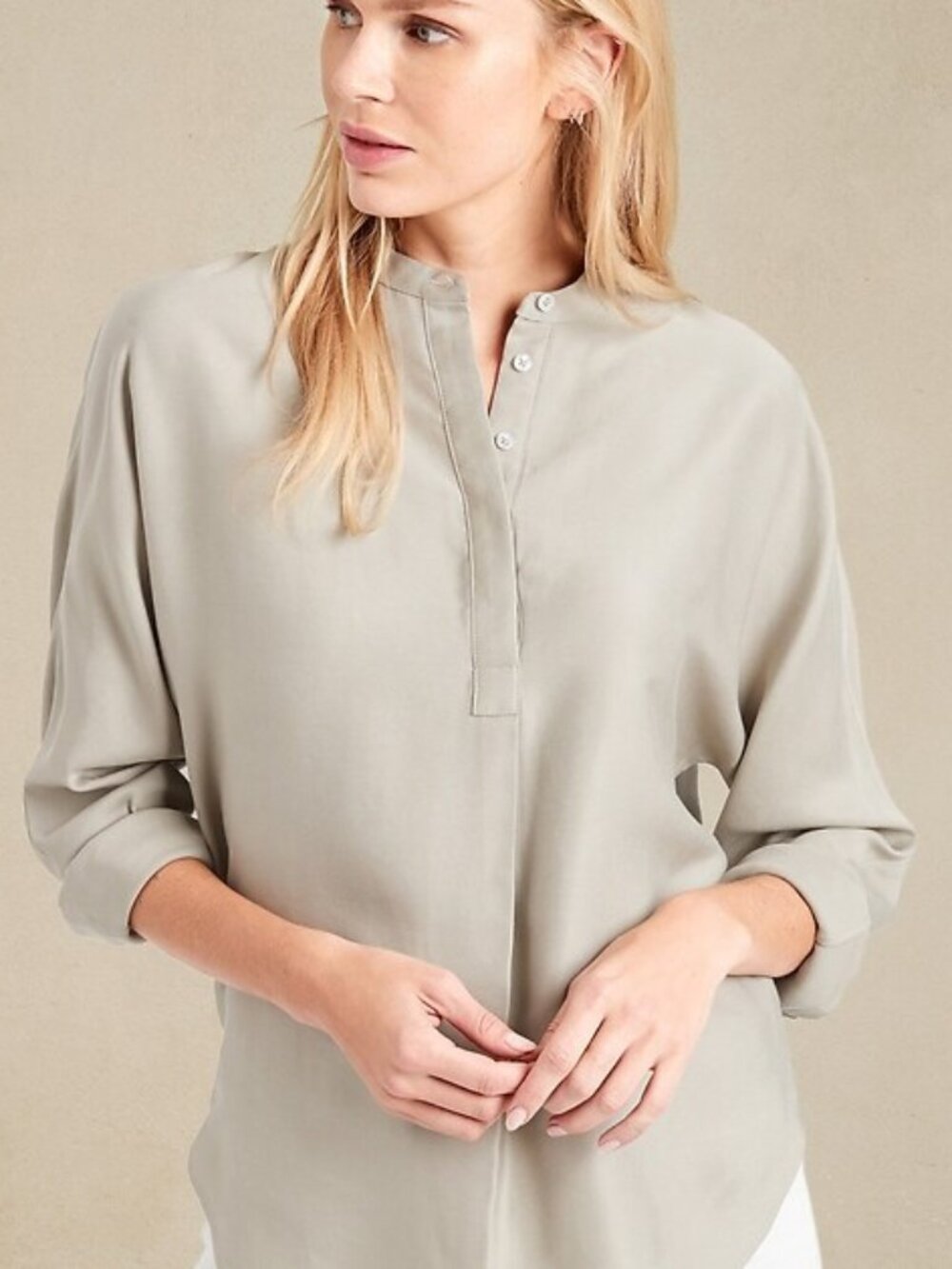 Banana Republic Tencel Tunic Blouse TopSage Green Earthcore Minimalist Petite L